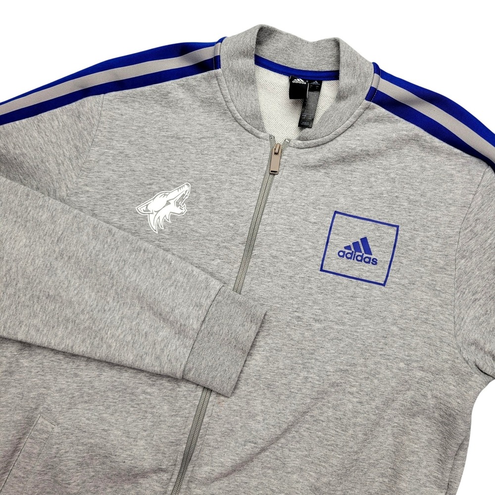Adidas Jacket Mens Large Gray Full Zip Wolf Logo Track Top Blue Stripes